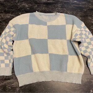 Blue & Cream Checkerboard Knit Sweater